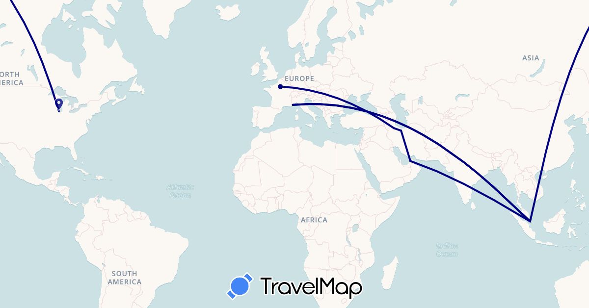 TravelMap itinerary: driving in United Arab Emirates, France, Iran, Monaco, Singapore, United States (Asia, Europe, North America)